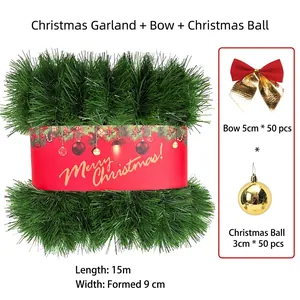 50ft Green Christmas Garland Set with Red Bows and Gold Balls for Holiday Party Decor