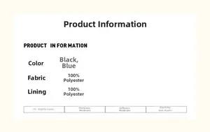 Size and material specifications for the men's polyester jacket in black and blue