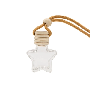 Star-shaped glass perfume pendant bottle with wooden cap and brown woven hanging rope