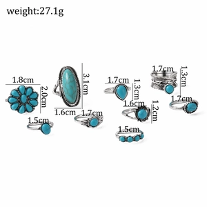 Detail shot of 9-piece vintage boho ring set with turquoise stones and silver-tone engraving
