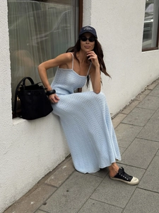 Light blue knitted beach maxi dress with wave pattern hollow out crochet design