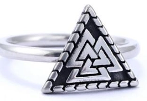 Detailed view of silver stainless steel Viking Valknut ring with Norse geometry