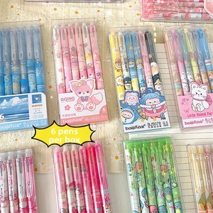 Close-up of 6-pack 0.5mm erasable pens with cute bear and fox cartoon patterns