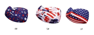 Detailed view of three knotted headbands with patriotic US flag star and stripe patterns