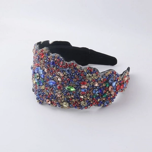 Baroque style wide headband with colorful rhinestones and crystals on black velvet