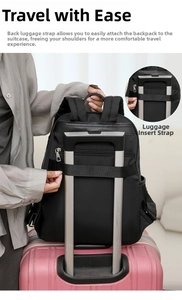Close-up of black backpack with luggage strap fixed on pink suitcase handle