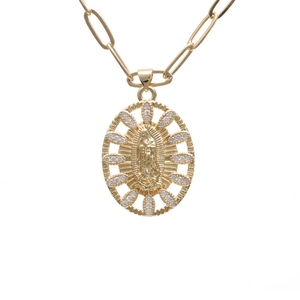 Golden Virgin Mary oval pendant necklace with sparkling zircon borders and paperclip chain
