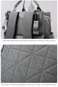 Detail of grey diaper bag with quilted stitching and stroller straps for travel
