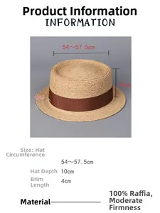 Detailansicht eines Raffia-Flachhutes mit Maßen 54-57,5 cm und 4 cm Krempe