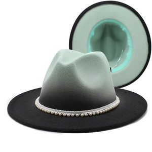Two-tone gradient wool fedora hat with white lace pearl band and wide flat brim