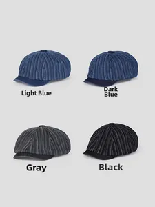 Sélection de casquettes plates en denim rayé vintage en bleu clair, bleu foncé, gris et noir