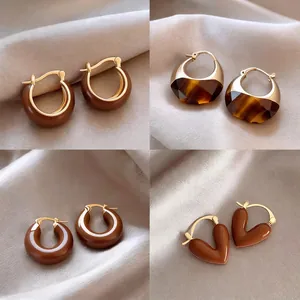 Maillard Style Tiger Eye Earrings Vintage Geometric Resin Alloy Hoop Stud Retro Elegant Jewelry For Women