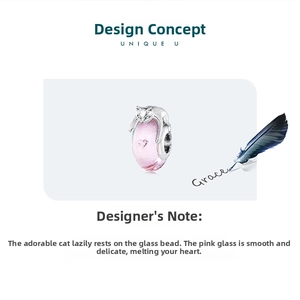 Detailed view of pink glass cat charm with silver cat element and heart design