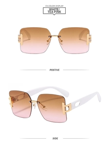 Detail view of rimless square sunglasses in tea pink with gold metal hinges and white temples