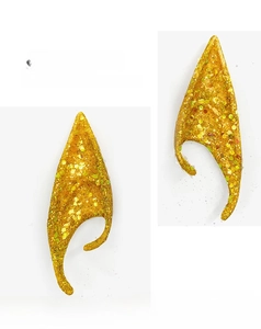 Detail shot of golden glitter elf ears for cosplay, featuring a sparkling sequin finish