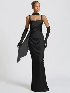 Elegant black satin long slip dress with fishtail hem, mesh gloves and ribbon details