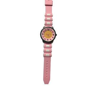 Pink silicone strap watch for girls featuring a cute biscuit pattern dial and analog display