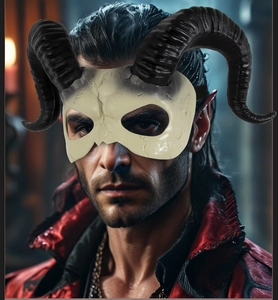 Detail view of white demon horn mask with black ram horns and bone texture for Halloween