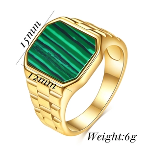 Men's gold irregular stainless steel ring with 15mm square malachite stone inlay