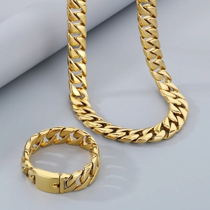 Polished 20mm gold stainless steel Cuban link chain necklace and bracelet set for men