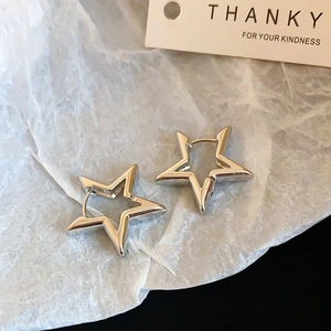 Detailed close-up of hollow star silver earrings on white paper background