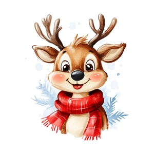 Christmas reindeer wall sticker with red plaid scarf in watercolor art style