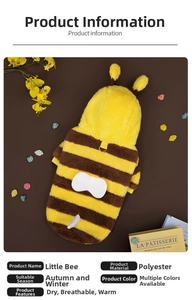 Detail view of bee-themed pet hoodie with polyester fabric and back antenna decoration