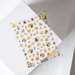 3D Embroidery Style Nail Art Stickers Yellow Floral Bee Self Adhesive Garden Theme Manicure Decals For Women