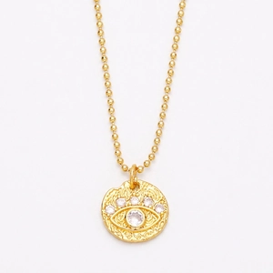 Gold evil eye coin pendant necklace with beaded chain and sparkling zircon stones
