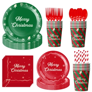 Detailed view of Merry Christmas disposable dinnerware set with red and green festive patterns