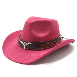 Rose pink suede cowboy hat with bull head metal emblem and embossed leather band