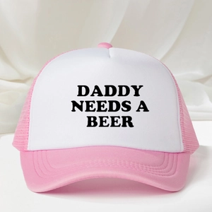 Close-up of pink and white mesh trucker hat featuring Daddy Needs A Beer print
