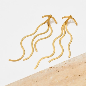 Elegant gold-plated long tassel snake chain drop earrings with minimalist wave design