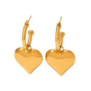 Golden heart drop earrings in polished stainless steel with hoop closure pair