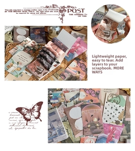 Macro view of vintage aesthetic craft paper featuring butterflies and retro bear motifs