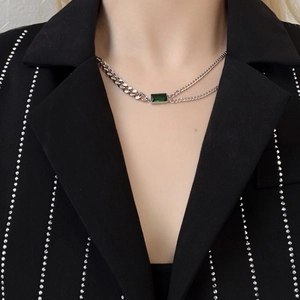 Dual-layer titanium necklace with rectangular emerald pendant and Cuban chain detail