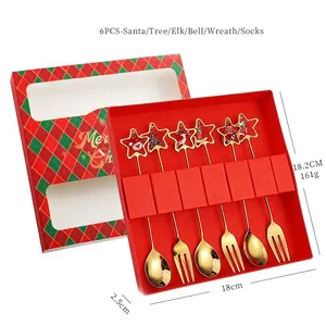 Golden Christmas spoon and fork set with 304 stainless steel star pendants in a red gift box
