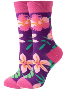 Detailed texture of purple crew socks with pink floral print and green leaf accents
