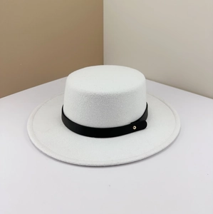 White wool felt boater hat with a black leather band and a small gold stud detail