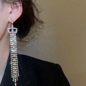 Close-up of elegant long tassel earrings with crown design and zircons on model