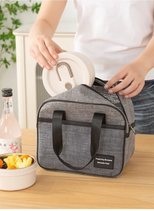 Detail of insulated lunch bag with aluminum foil lining and gray textured fabric