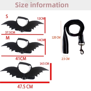 Size chart showing S, M, L dimensions for pet bat wing harness and leash set