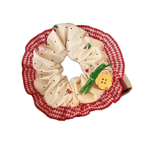 Bloemen kanten haarelastiekje met kersenprint, gele knoop en geruite ruches randen