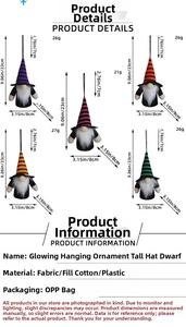 Detail showing colorful striped gnomes with glowing base and dimensions listed in inches