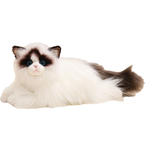 Realistic white and brown Ragdoll cat plush toy with blue eyes in a lying position