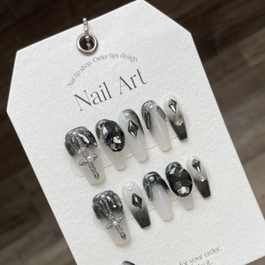Dark gradient handmade press-on nails with black crystals and silver cross charms