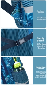 Detail view of reinforced stitching, sturdy plastic buckles and elastic side mesh pockets