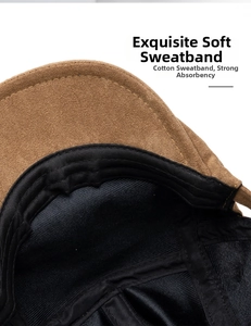 Detail of soft cotton sweatband inside brown suede newsboy cap for better comfort