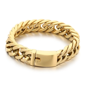 Polished gold stainless steel Cuban link bracelet for men with thick double weave texture