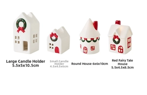 Detailed size chart for white ceramic Christmas house candle holders with holiday motifs